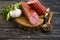Sausage salami, gastron delicatessen ingredient bratwurst foodstuff protein on Ð´ÐµÑ€ÐµÐ²ÑÐ½Ð½Ð¾Ð¼ background sliced gourmet